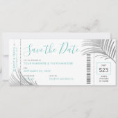 Silver Aqua Palm Tree Boarding Pass Rett Date Card Ankündigung (Vorderseite)