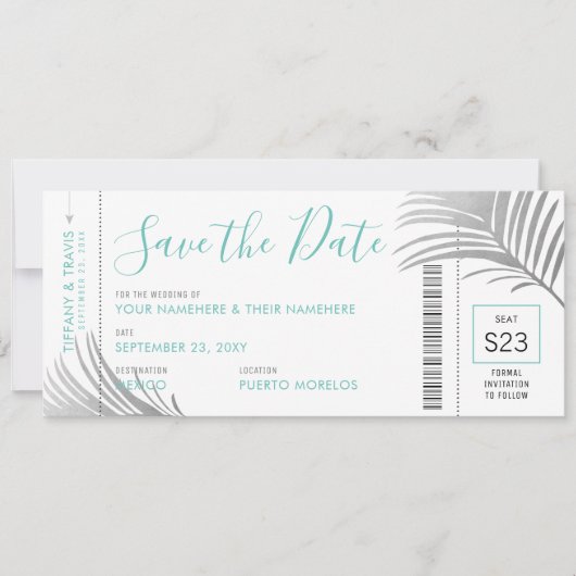 Silver Aqua Palm Tree Boarding Pass Rett Date Card Ankündigung (Vorderseite)