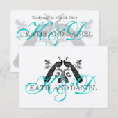 Silver Aqua Peacock Wedding RSVP Card Karte (Vorne/Hinten)
