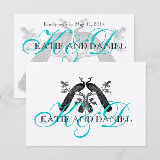 Silver Aqua Peacock Wedding RSVP Card Karte (Vorne/Hinten)