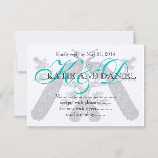 Silver Aqua Peacock Wedding RSVP Card Karte (Rückseite)