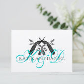 Silver Aqua Peacock Wedding RSVP Card Karte (Stehend Vorderseite)