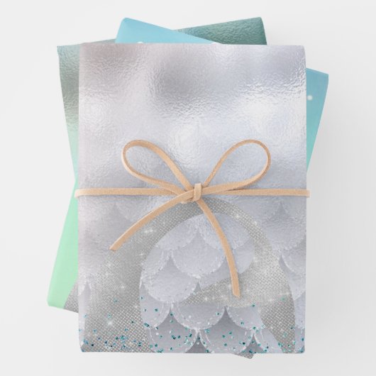 Silver Aqua Pink Lila Glitzer Sparkle Meerjungfrau Geschenkpapier Set (Beispiel)