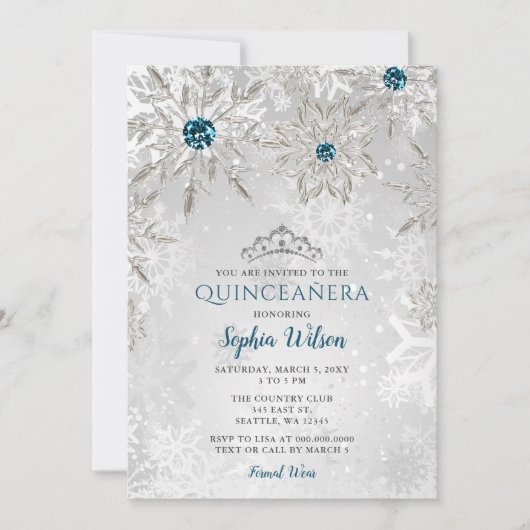 Silver Aqua Snowflakes Tiara Quinceañera Einladung (Vorderseite)