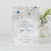 Silver Aqua Snowflakes Tiara Quinceañera Einladung (Stehend Vorderseite)
