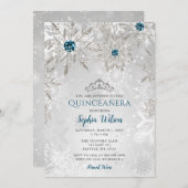 Silver Aqua Snowflakes Tiara Quinceañera Einladung (Vorne/Hinten)