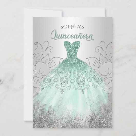 Silver Aqua Sparkle Dress Quinceañera Quince Einladung (Vorderseite)
