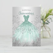 Silver Aqua Sparkle Dress Quinceañera Quince Einladung (Stehend Vorderseite)