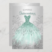 Silver Aqua Sparkle Dress Quinceañera Quince Einladung (Vorne/Hinten)