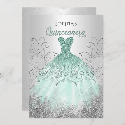 Silver Aqua Sparkle Dress Quinceañera Quince Einladung (Vorne/Hinten)