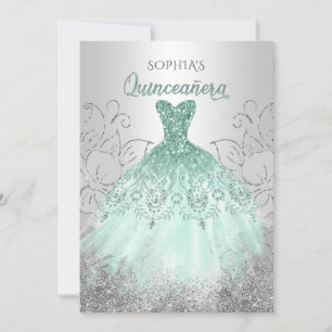 Silver Aqua Sparkle Dress Quinceañera Quince Einladung