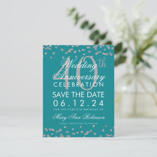 Silver Aquamarin 40. Wedding Jubiläum Confetti Save The Date (Stehend Vorderseite)