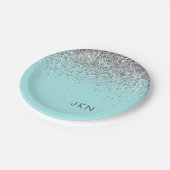 Silver Aquamarin Aqua Blue Girl Glitzer Monogram Pappteller (Schrägansicht)