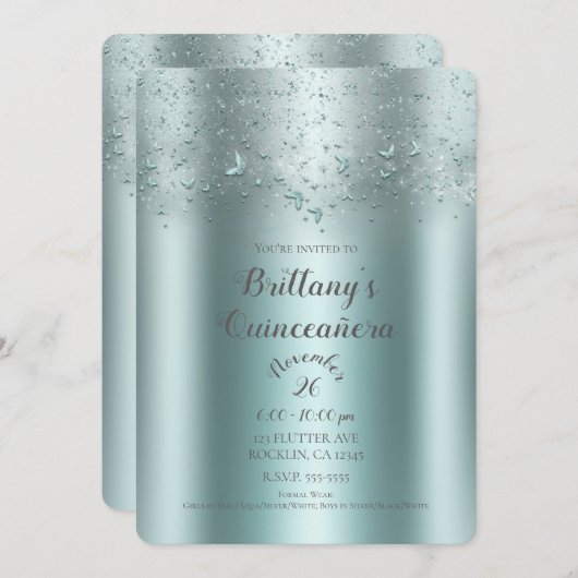 Silver Aquamarin Aqua Flutter Butterfly Quinceañer Einladung (Vorne/Hinten)