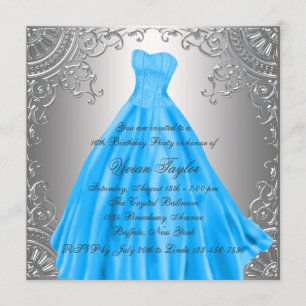 Silver Aquamarin Blue 16 . Geburtstag Geburtstagsp Einladung