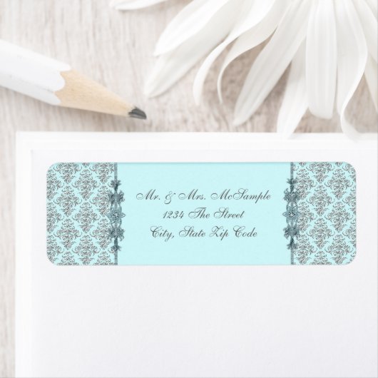 Silver Aquamarin Blue Damask Address Labels (Insitu)