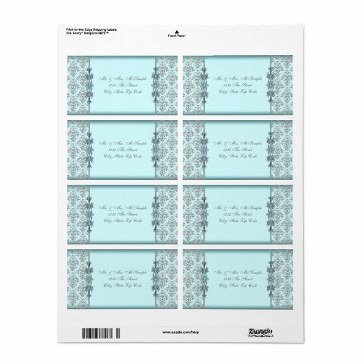 Silver Aquamarin Blue Damask Address Labels (Vorne)