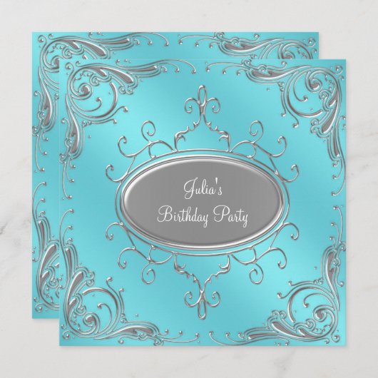 Silver Aquamarin Blue Womans Birthday Party Einladung (Vorne/Hinten)