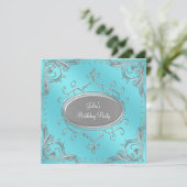 Silver Aquamarin Blue Womans Birthday Party Einladung (Stehend Vorderseite)