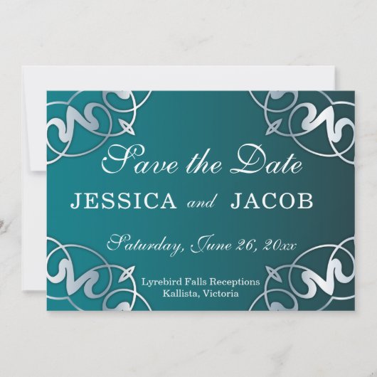 Silver & Aquamarin Filigree Cutout Luxus-Rahmen Ho Save The Date (Vorderseite)