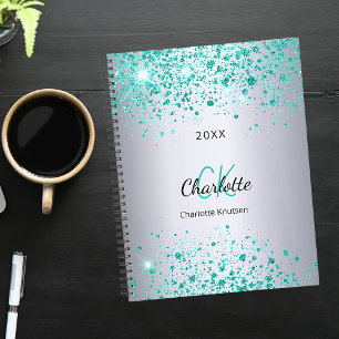 Silver aquamarin Glitzer Name Monogramm 2026 Planer