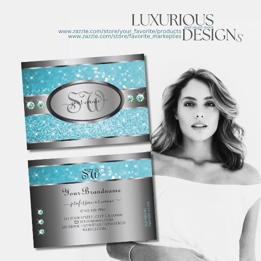 Silver Aquamarin Glitzer Sparkle Rhinestones Initi Visitenkarte