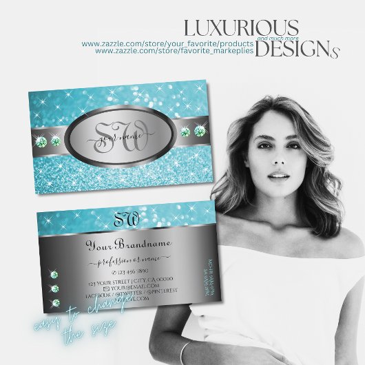Silver Aquamarin Glitzer Sparkle Rhinestones Initi Visitenkarte