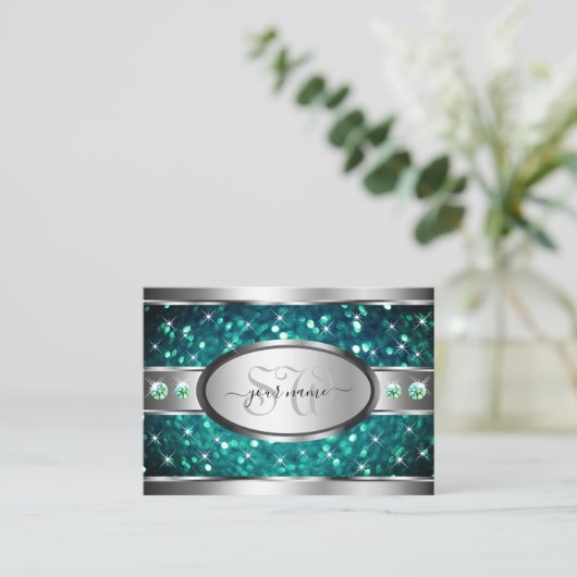 Silver Aquamarin Glitzer Sparkle Rhinestones Initi Visitenkarte (Stehend Vorderseite)