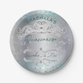 Silver Aquamarin Jeweled Tiara Quinceañera Pappteller (Vorderseite)