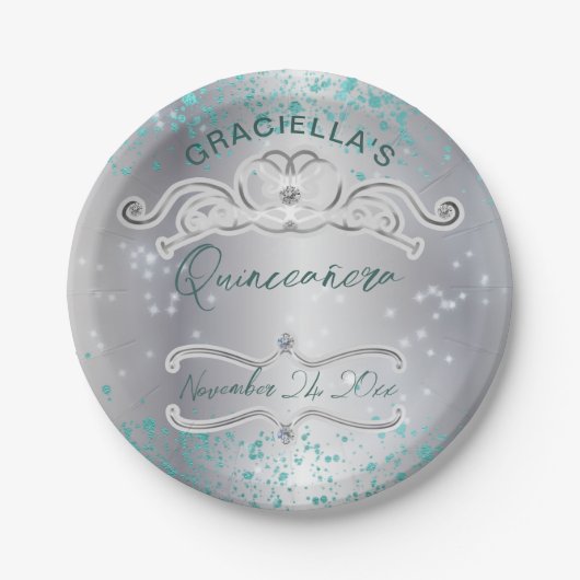 Silver Aquamarin Jeweled Tiara Quinceañera Pappteller (Vorderseite)