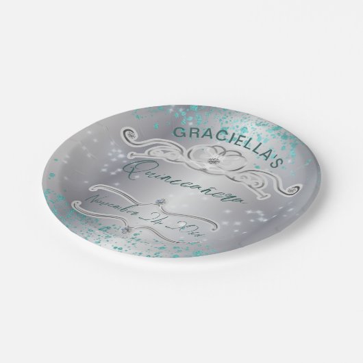 Silver Aquamarin Jeweled Tiara Quinceañera Pappteller (Schrägansicht)