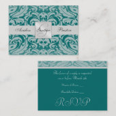 Silver & Aquamarin Monogram Damask RSVP Card Begleitkarte (Vorne/Hinten)