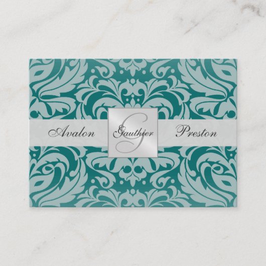Silver & Aquamarin Monogram Damask RSVP Card Begleitkarte (Vorderseite)