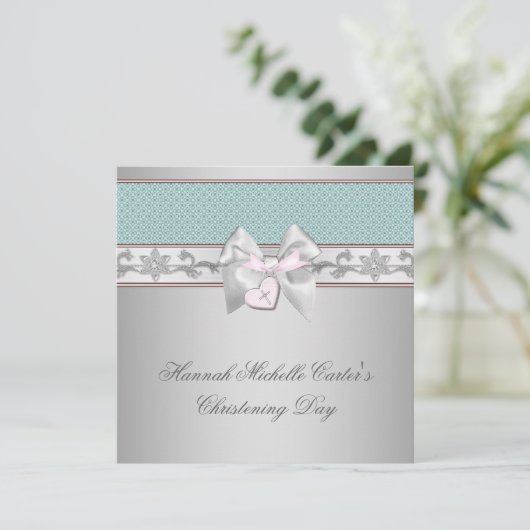 Silver Aquamarin Pink Girls Christening Einladung (Stehend Vorderseite)