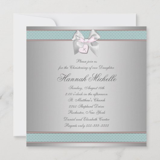 Silver Aquamarin Pink Girls Christening Einladung (Rückseite)