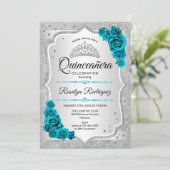 Silver Aquamarin Quinceanera Einladung (Stehend Vorderseite)