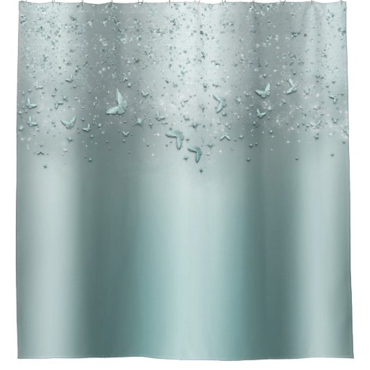 Silver Aquamarin Shimmer Sparkant Flutter Butterfl Duschvorhang (Vorderseite)