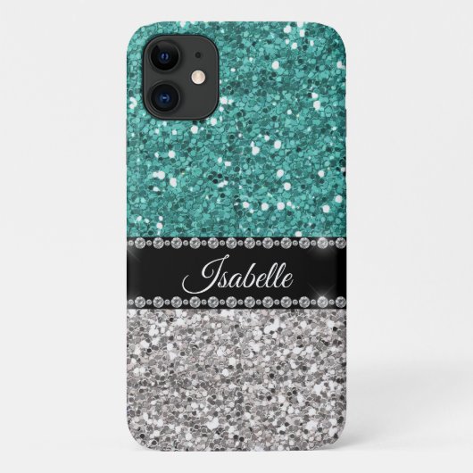 Silver Aquamarin Sparkle Glam Bling Personalisiert Case-Mate iPhone Hülle (Rückseite)