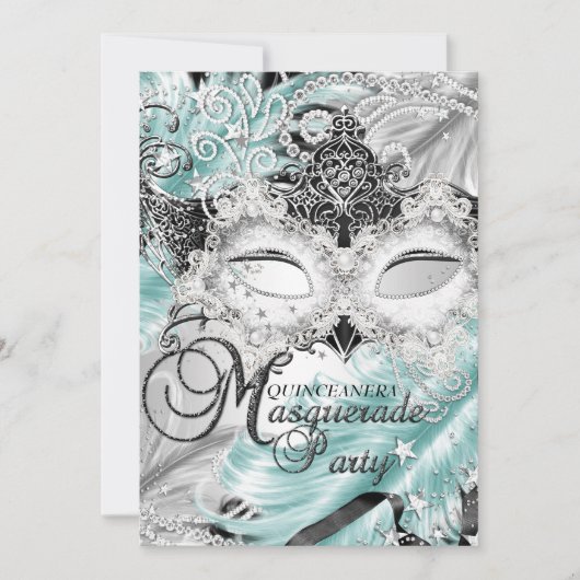 Silver Aquamarin Sparkle Masquerade Quinceanera Einladung (Vorderseite)