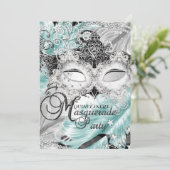 Silver Aquamarin Sparkle Masquerade Quinceanera Einladung (Stehend Vorderseite)