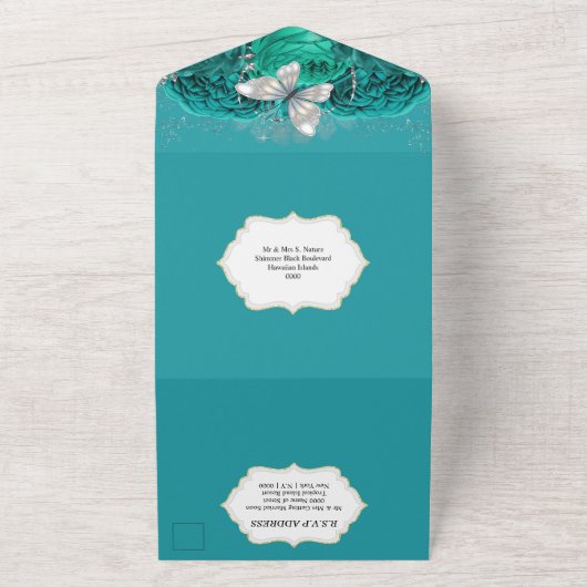 Silver aquamarine Schmetterlingschimmer Glitzer Ro All In One Einladung (Außenbereich)