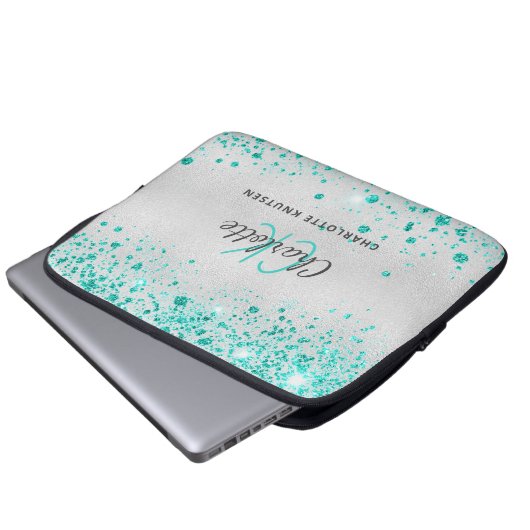 Silver aquamariner Glitzer grüne Monogrammbezeichn Laptopschutzhülle (Vorne Knopf)