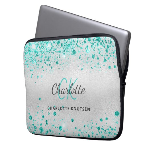 Silver aquamariner Glitzer grüne Monogrammbezeichn Laptopschutzhülle (Vorderseite Links)