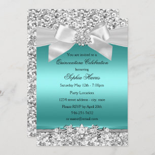 Silver Aquamariner Glitzer & Jewel Bow Quinceanera Einladung