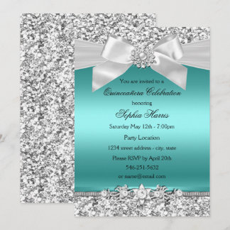 Silver Aquamariner Glitzer & Jewel Bow Quinceanera Einladung