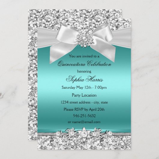 Silver Aquamariner Glitzer & Jewel Bow Quinceanera Einladung (Vorne/Hinten)