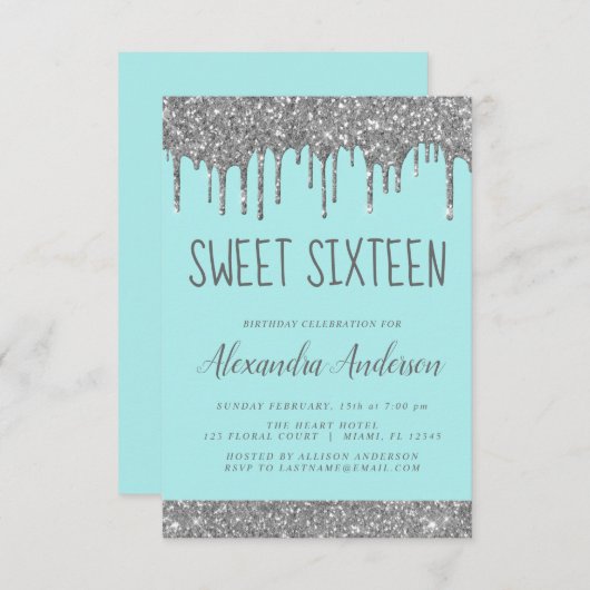 Silver Aquamariner Glitzer Sparkle Elegant Sweet 1 Einladung (Vorne/Hinten)