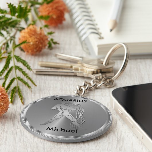 Silver Aquarius ♒ Wasserträger - Zodiac Zeichen Schlüsselanhänger (Seite)