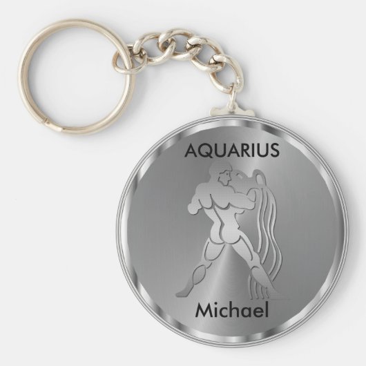 Silver Aquarius ♒ Wasserträger - Zodiac Zeichen Schlüsselanhänger (Vorne)