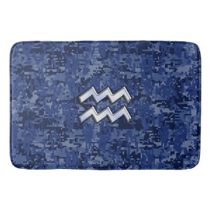 Silver Aquarius Zodiac Sign Navy Blue Digital Camo Badematte